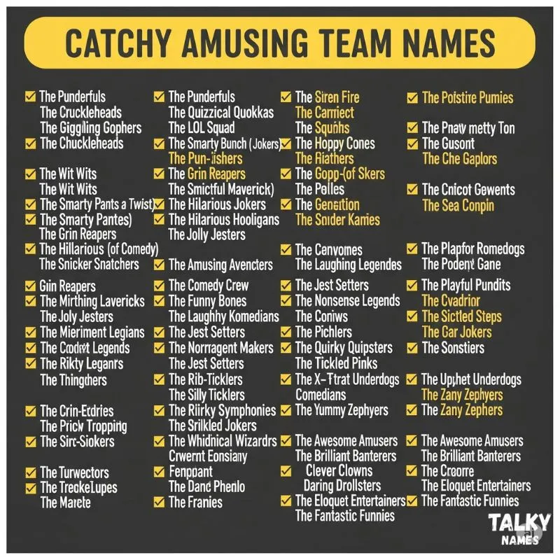Poster titled "Amazing Team Names" featuring a list of creative and inspiring team names in bold typography.