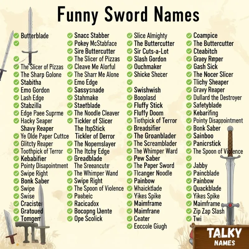 A collection of humorous and creative sword names displayed on a parchment background.