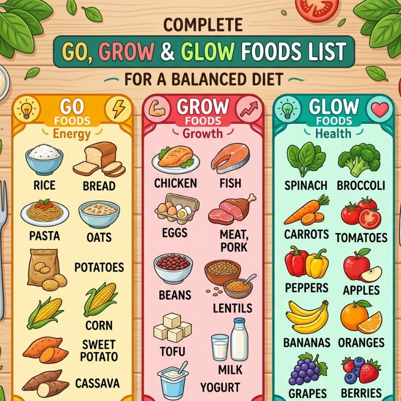 Complete Go Grow Glow Foods Names List for a Balanced Diet