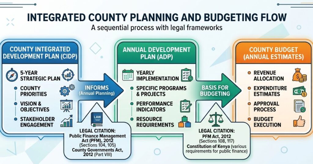 Diagram showing CIDP → Annual Development Plan → County Budget as a sequential flow with legal citations at each arrow