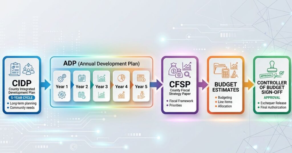 Linear flow chart — CIDP 5-year → ADP Year 1/2/3/4/5 → CFSP → Budget Estimates → Controller of Budget sign-off
